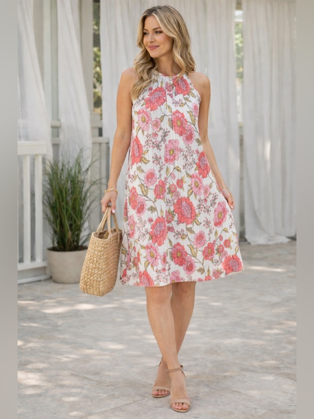 Steve Madden Ada Vintage Rose Floral Dress L Sleeveless Pleated Boho Midi